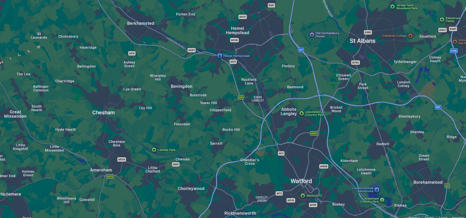 Kings Langley, Abbots Langley. Chipperfield, Bovingdon, Sarratt, Chenies, Flaunden, Ley Hill, Ashley Green, Chesham, Amersham, Little Chalfont, Chorleywood.